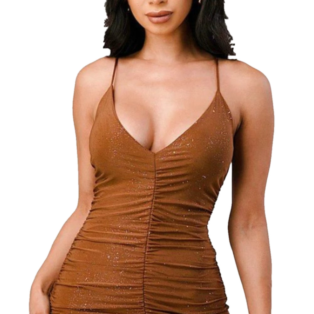 ALX Camel Glitter Ruched Mini Dress